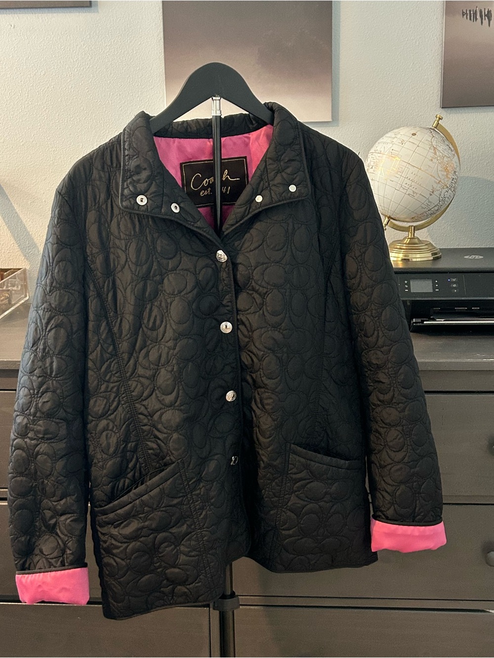 Coach Quilted Black Puffer Jacket with Pink Lining